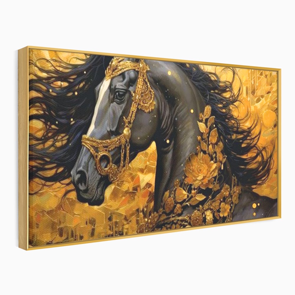 Tablou canvas cu tablou canvas cu armasar negru si ornamente aurii, in rama de aluminiu auriu